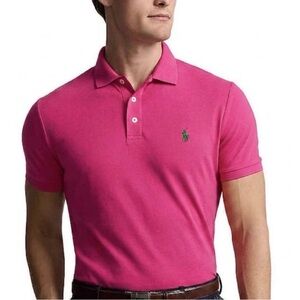 Men’s vibrant pink classic Polo shirt with green pony M